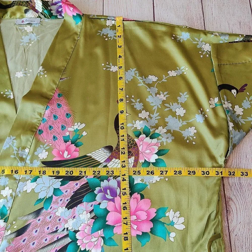 Applesauce green satin peacock floral kimono robe